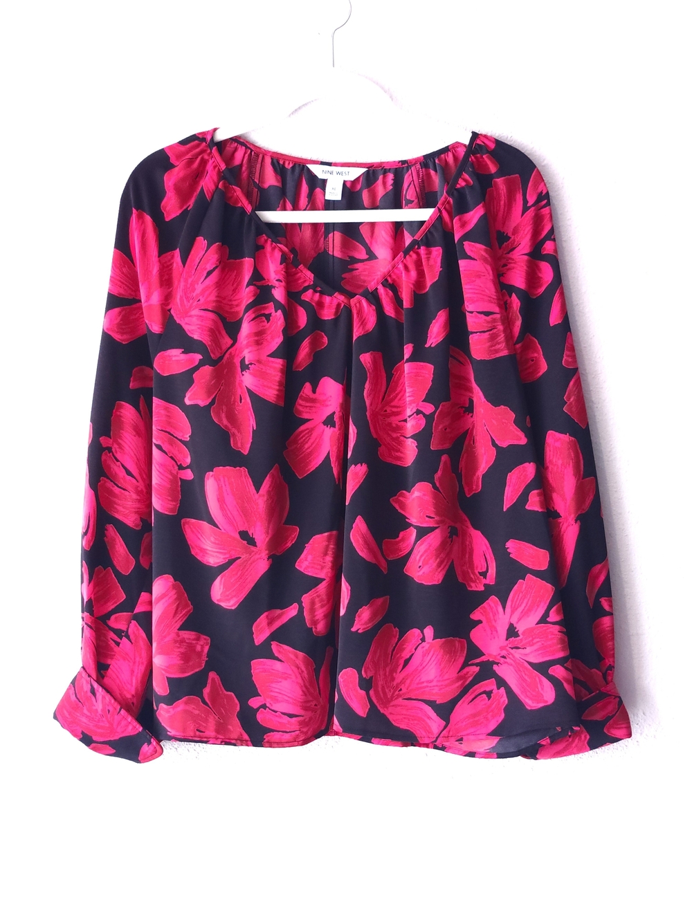 Nine West Black Blouse with Hot Pink Floral Print